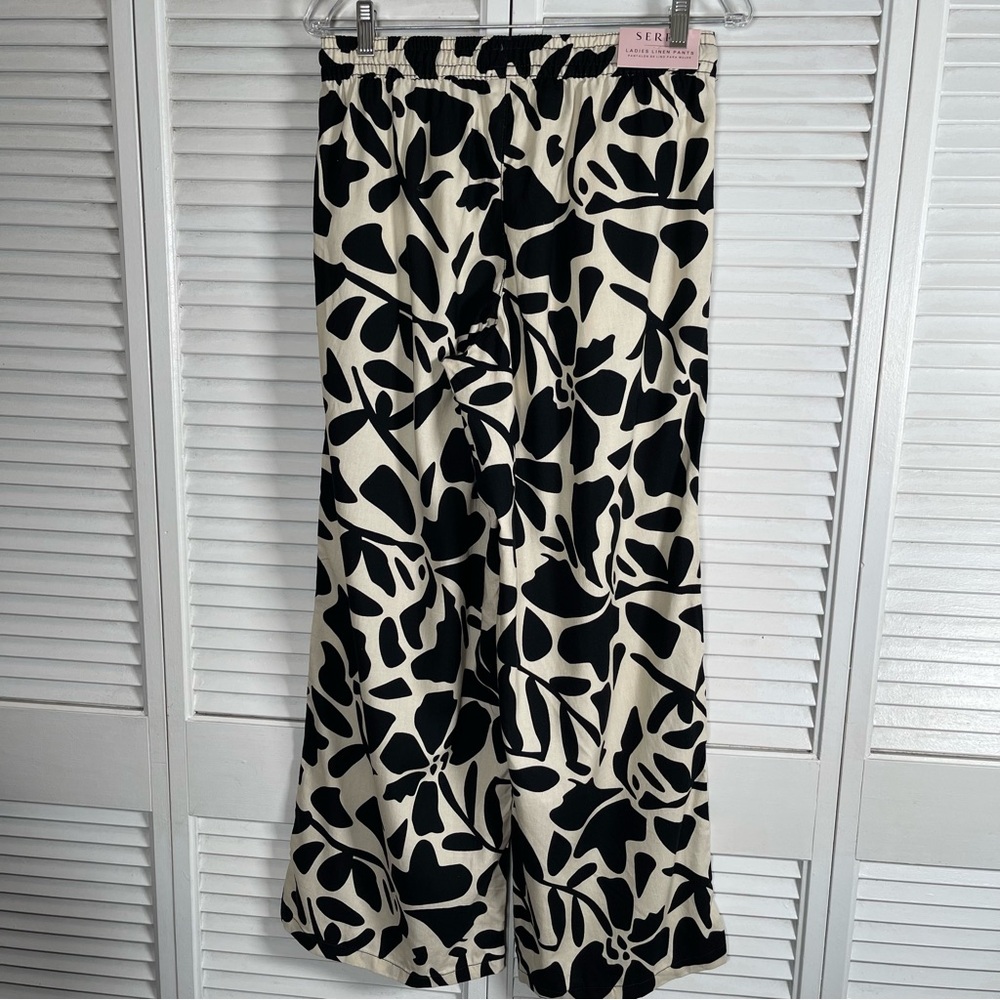 Serra Linen Pants M Wide Leg Black Beige Abstract Print Summer Resort Wear - Picture 6 of 11